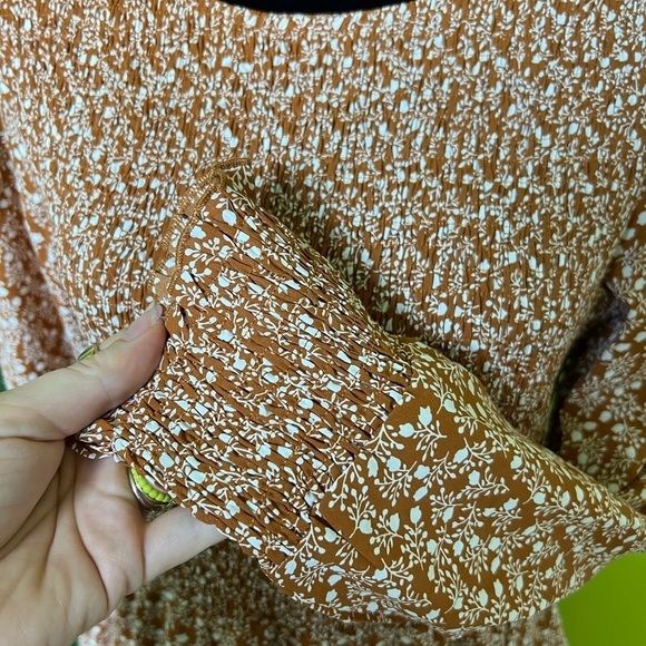 Mustard And White Floral Long Sleeve Smocked Top MIDI Dress L - Picture 3 of 5